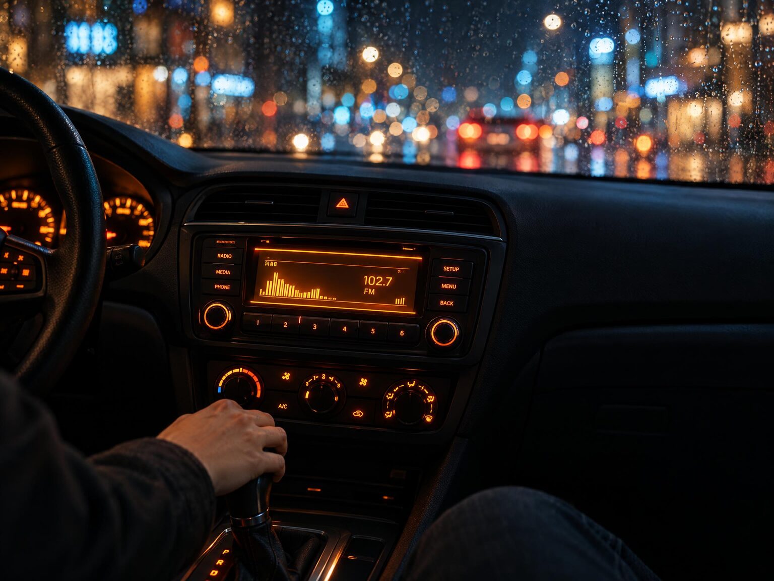 A car dashboard radio glowing orange at night, city lights blurred through a wet windscreen