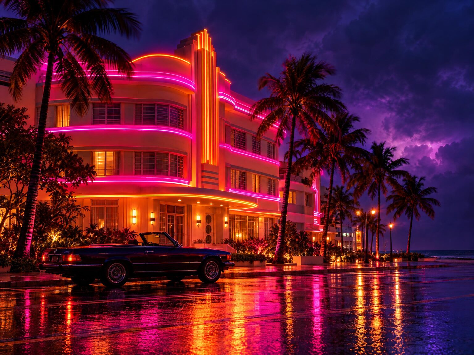 An art deco hotel front on a palm-lined beach strip at night, outlined in orange and pink neon